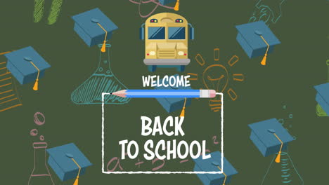 animation of welcome back to school text over school items icons on green background