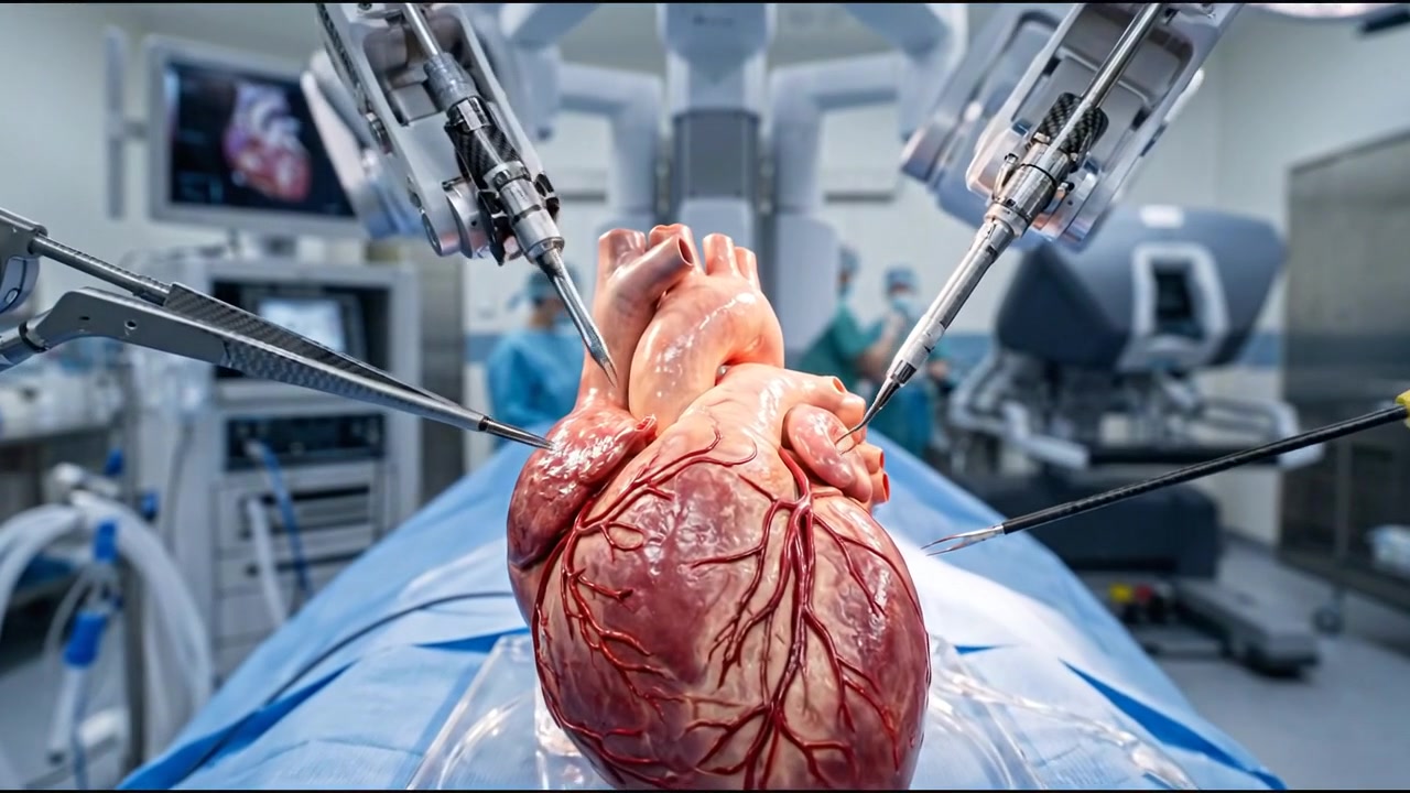Sistema cirúrgico robótico realizando procedimento em coração humano