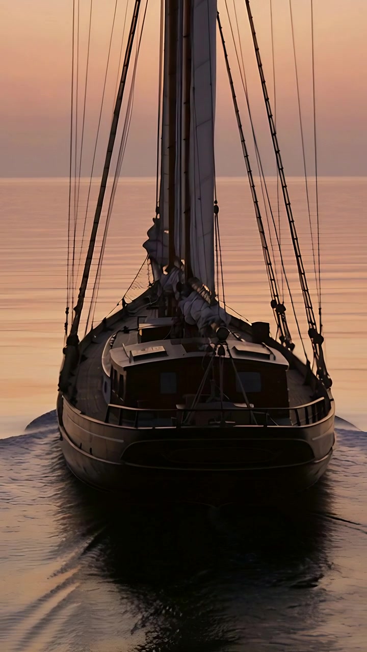 Video verticale: Yacht con albero alto che si avvicina navigando a motore verso l'obiettivo al tramonto sul mare, con le vele ammainate.