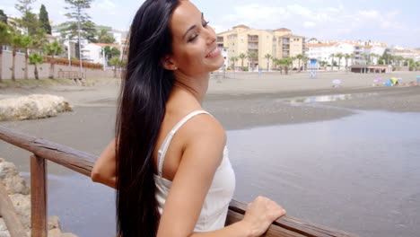 Woman-Leaning-Against-Railings-Viewing-the-Sea