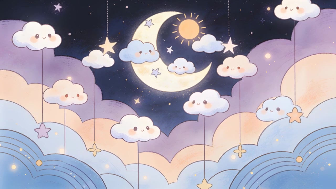 Looping crescent moon with sun disk and smiling clouds pulsing gently nursery backdrop, soothing