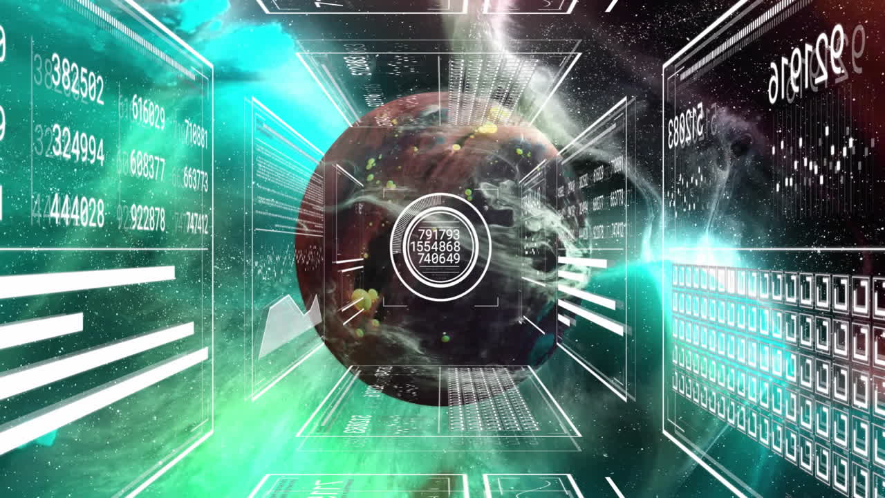 Rotating planet with data streams and futuristic animation in digital interface