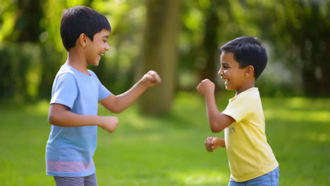 two happy young boys playing outdoors in a park