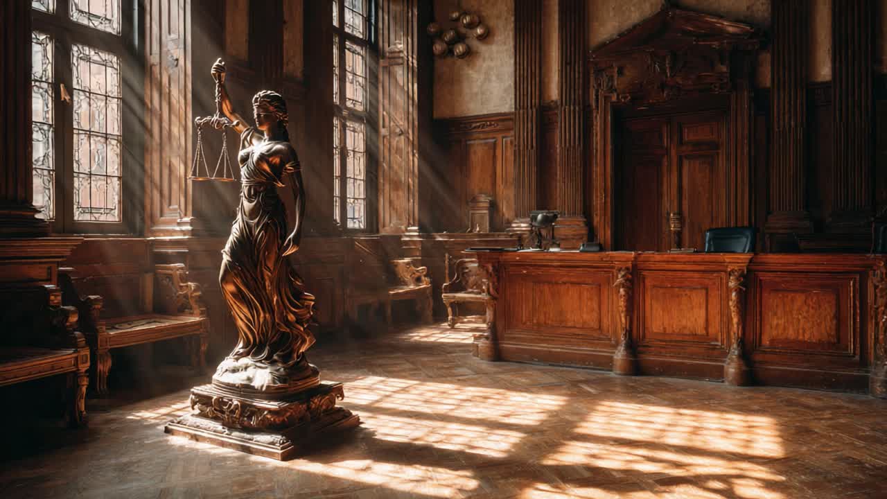 Elegantly Captured Statue of Justice in a Historic Courtroom Bathed in Beautiful Light, Emphasizing the Symbiosis of Law and Artistry in an Awe-Inspiring Setting