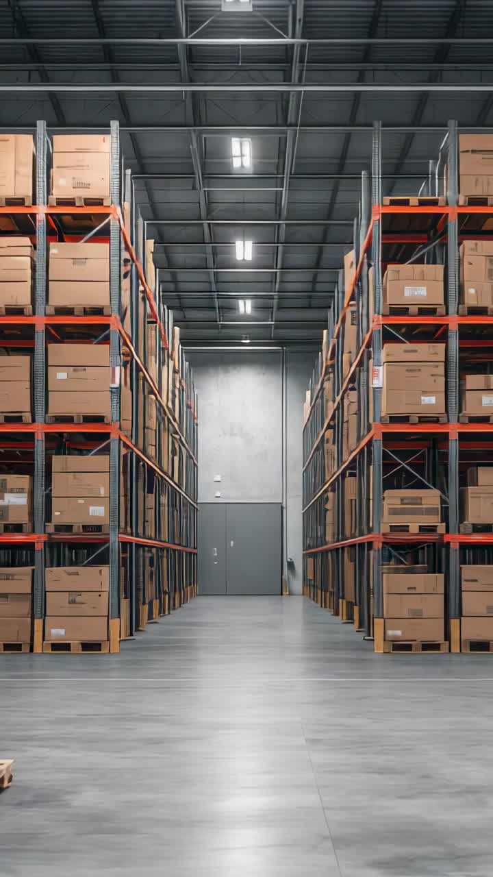 Vertical video: Showing warehouse aisle LED-lit, with metal shelves, boxes on pallets, double doors