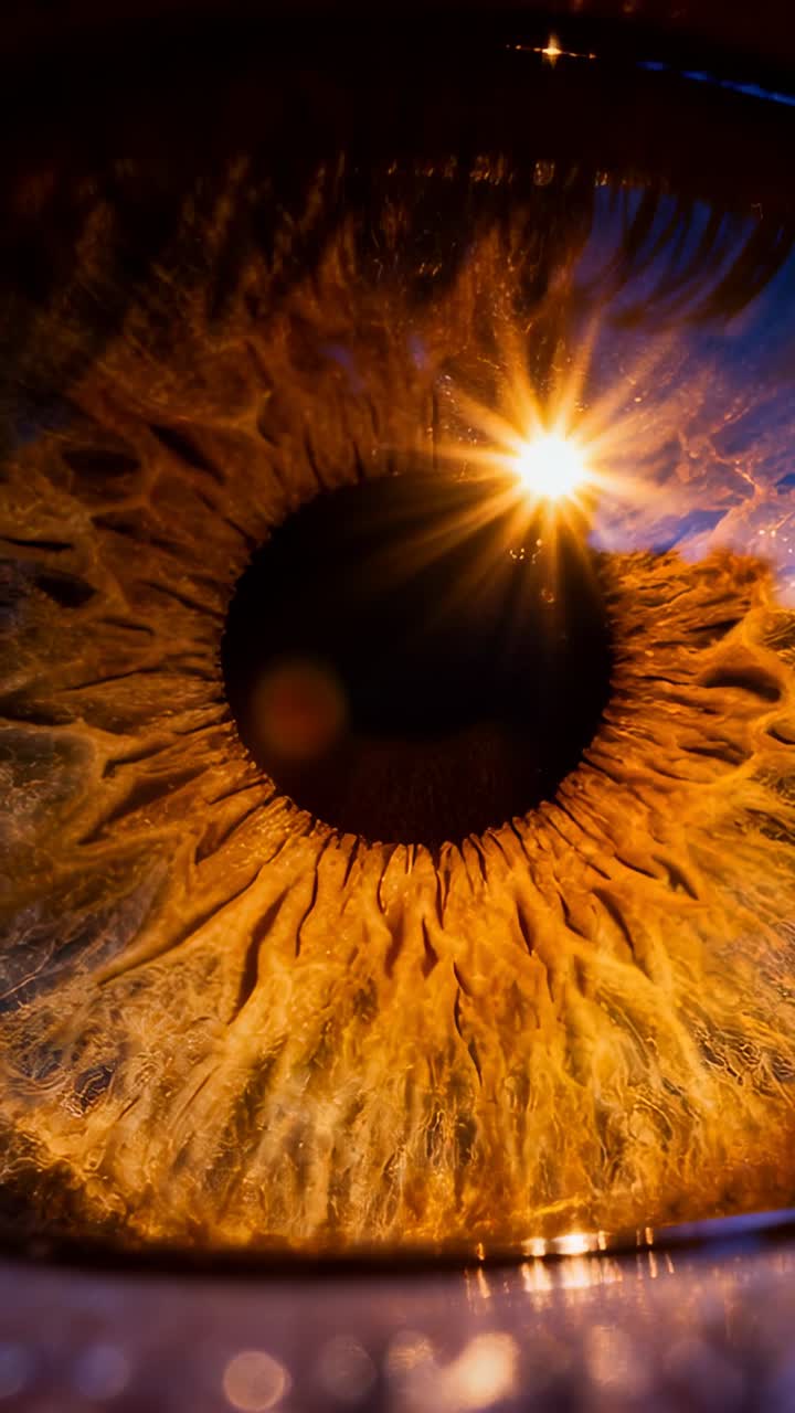Video verticale: Inquadratura fissa, occhio umano che segue la luce attraverso la pupilla in macro, con un effetto a stella.