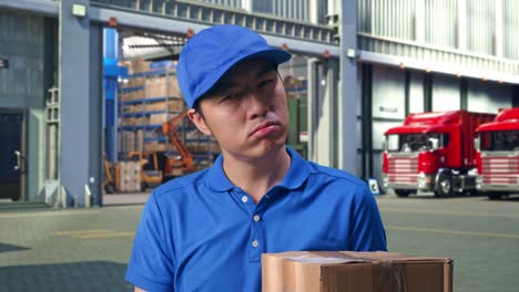 close up of tired asian male courier in blue uniform shaking his head while delivering a carton, outside of logistics distributions warehouse