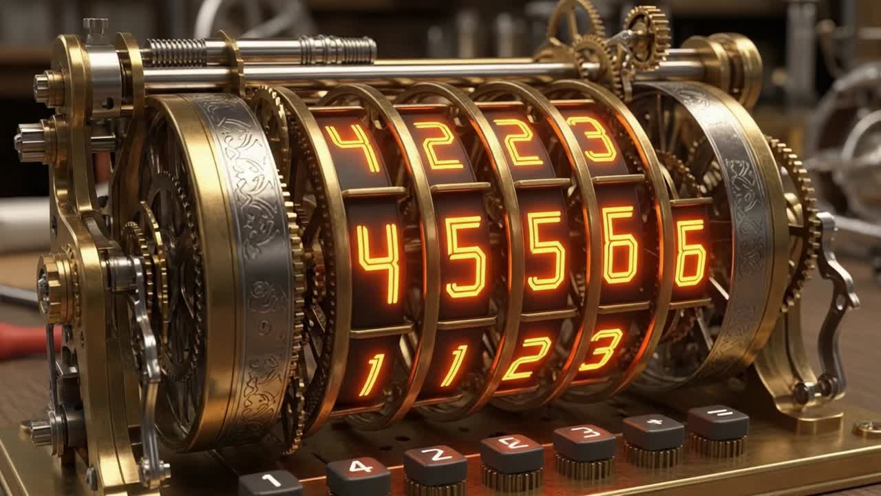 Intricate Steampunk-Inspired Mechanical Counter with Illuminated Numeric Display and Exquisite Gears Capturing the Essence of Vintage Innovation and Craftsmanship