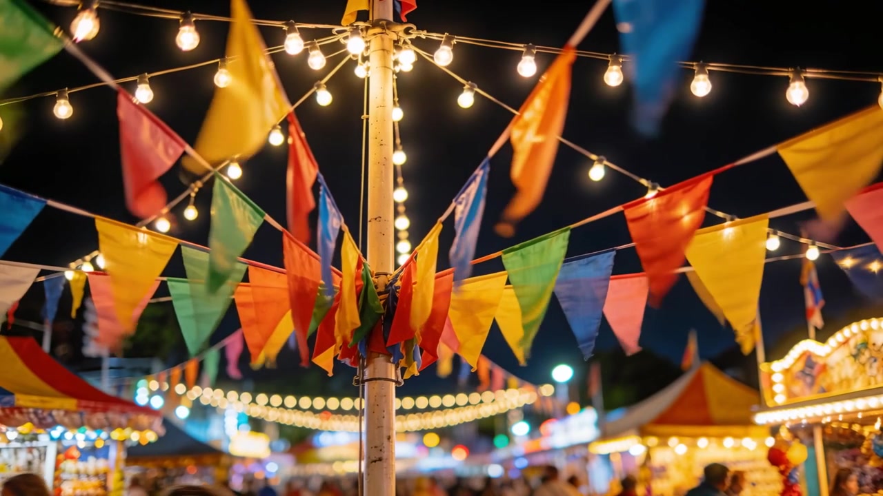 Bandierine sventolanti che si muovono su un palo centrale a una fiera notturna, la brezza solleva le luminarie.