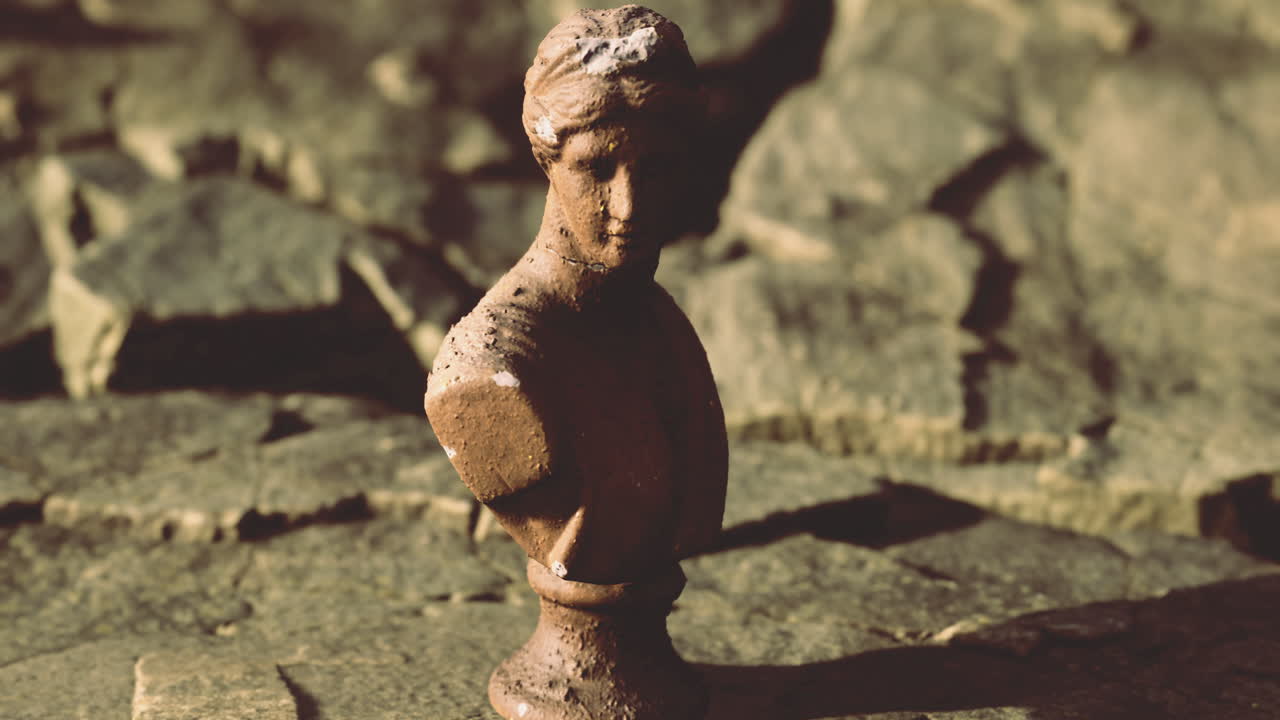 Artistic bust surrounded by textured rocks in soft natural light