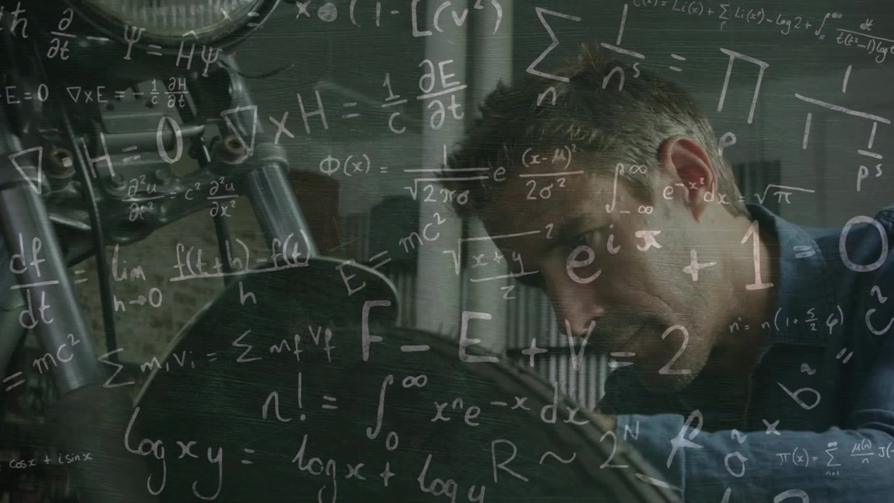 Animation of mathematical equations over caucasian male mechanic in workshop