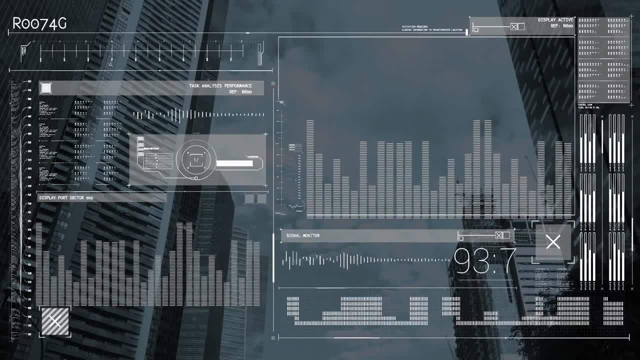 Animation of financial data processing over cityscape
