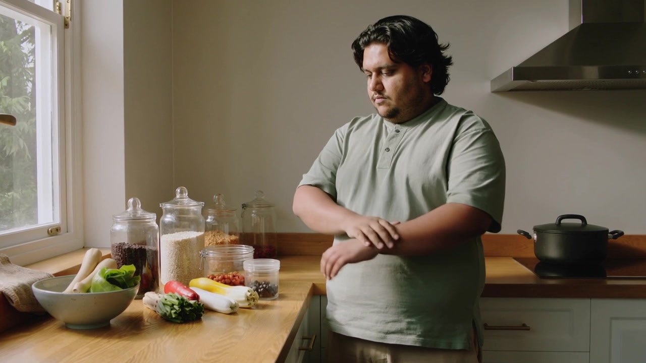 Notando la verdura, uomo adulto in polo verde e pantaloni color cachi che assaggia e valuta il cibo al bancone, spazio per il testo.