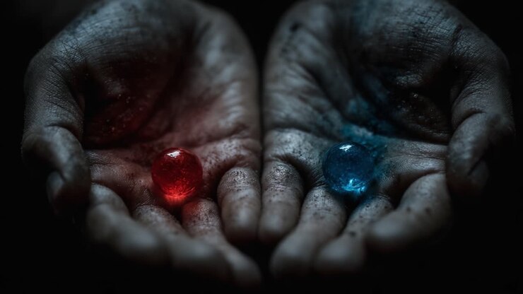 A Captivating Contrast of Colors: Hands Cradling Red and Blue Gel Orbs Amidst Dark, Earthy Textures