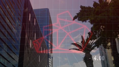 animación de gráficos y cabeza de oso sobre el paisaje urbano