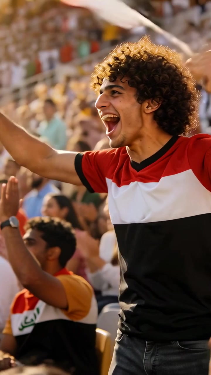 Video vertical: Aficionado animando con bandera ondeante, levantando el puño en las gradas, con camiseta a rayas.