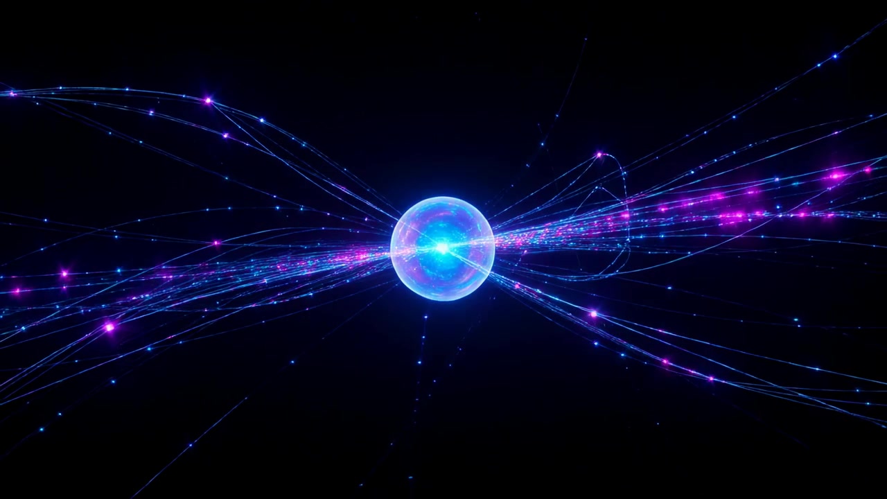 Pulsing blue orb sending bursts along filaments in void, magenta cyan nodes creating two-way flow
