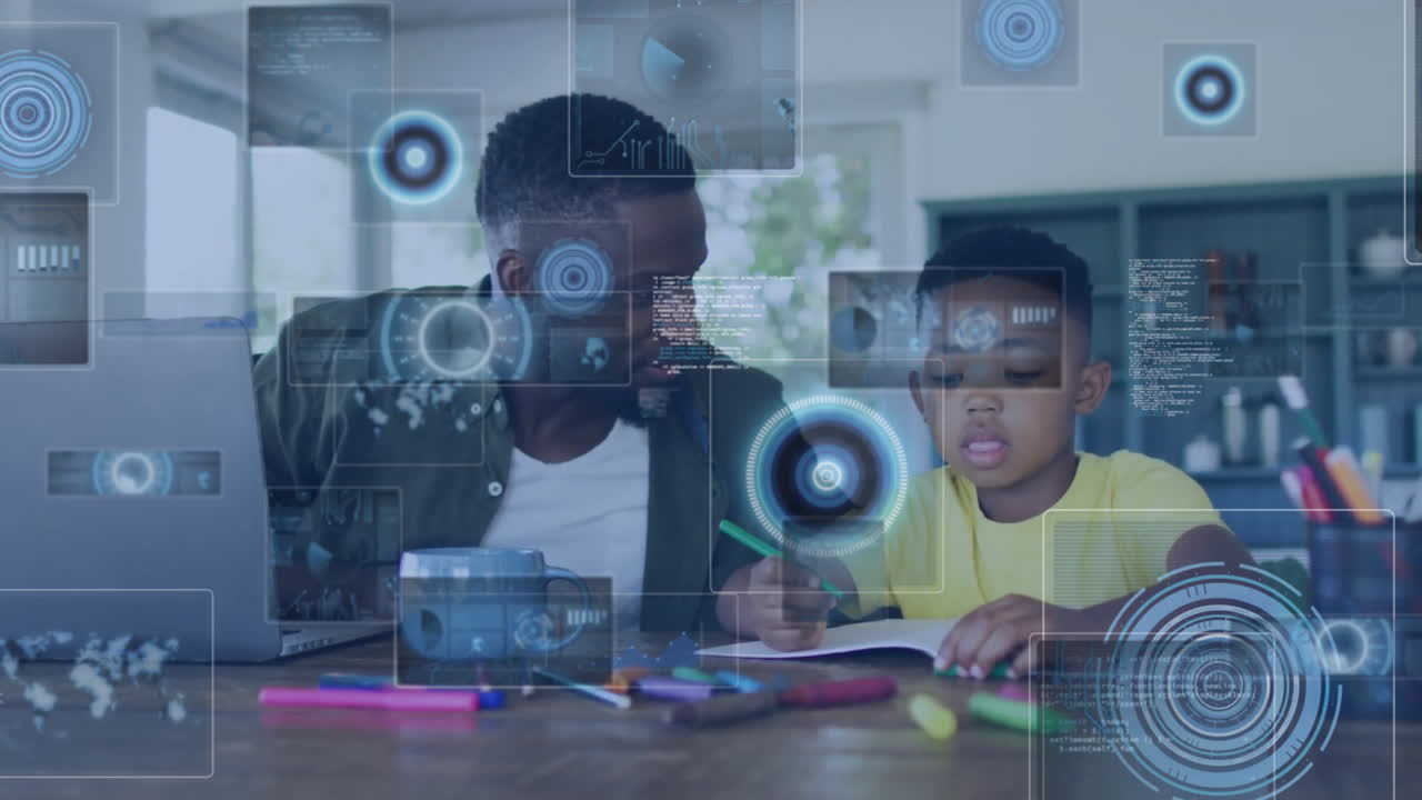 Animation of data processing over african american father and son doing homework