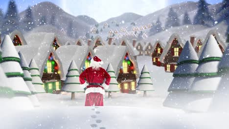 Santa-clause-in-front-of-decorated-houses-combined-with-falling-snow