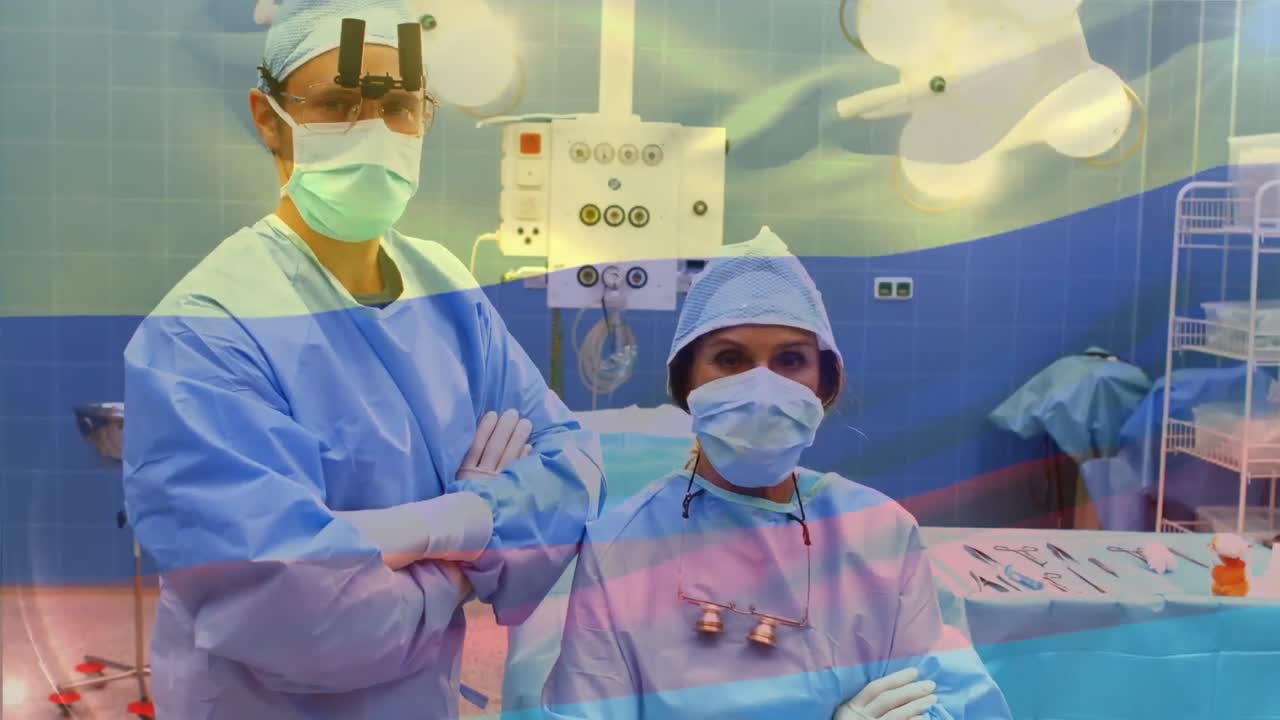 수술실에서 외과의사 위에 흔들리는 러시아 국기의 애니메이션