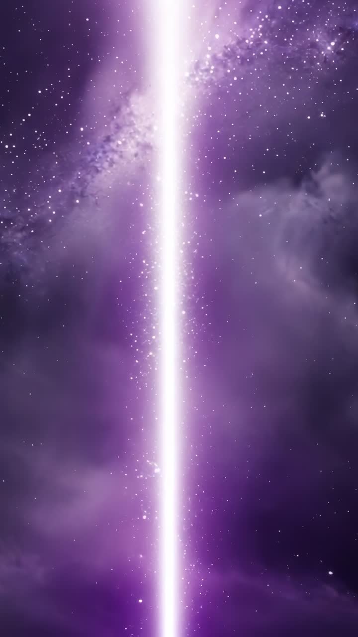 Vertical video: Emitting purple-white beam piercing violet starry sky in deep space amid clouds