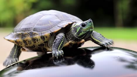 a close-up view of a beautiful turtle resting on a glossy surface in a lush natural setting, capturing the unique patterns and colors of its shell and skin
