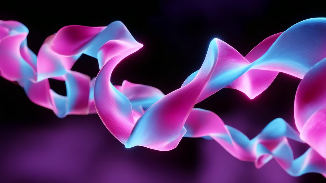 An Ethereal Journey Through Colorful Waves: A Captivating Abstract Visual Representation of Graceful Curves and Fluid Motion in Stunning Pink and Blue Hues Emanating From a Dark Background