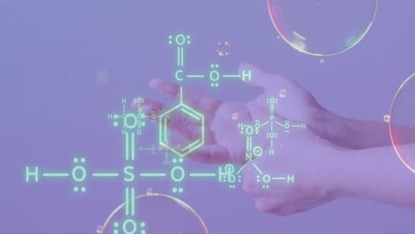 백인 여성의 손 위에 있는 dna 줄기 다이어그램과 거품의 애니메이션