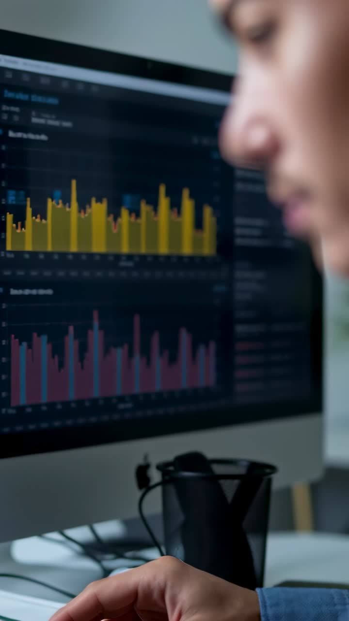 Man Analyzing Data and Charts on Computer Screen in Office