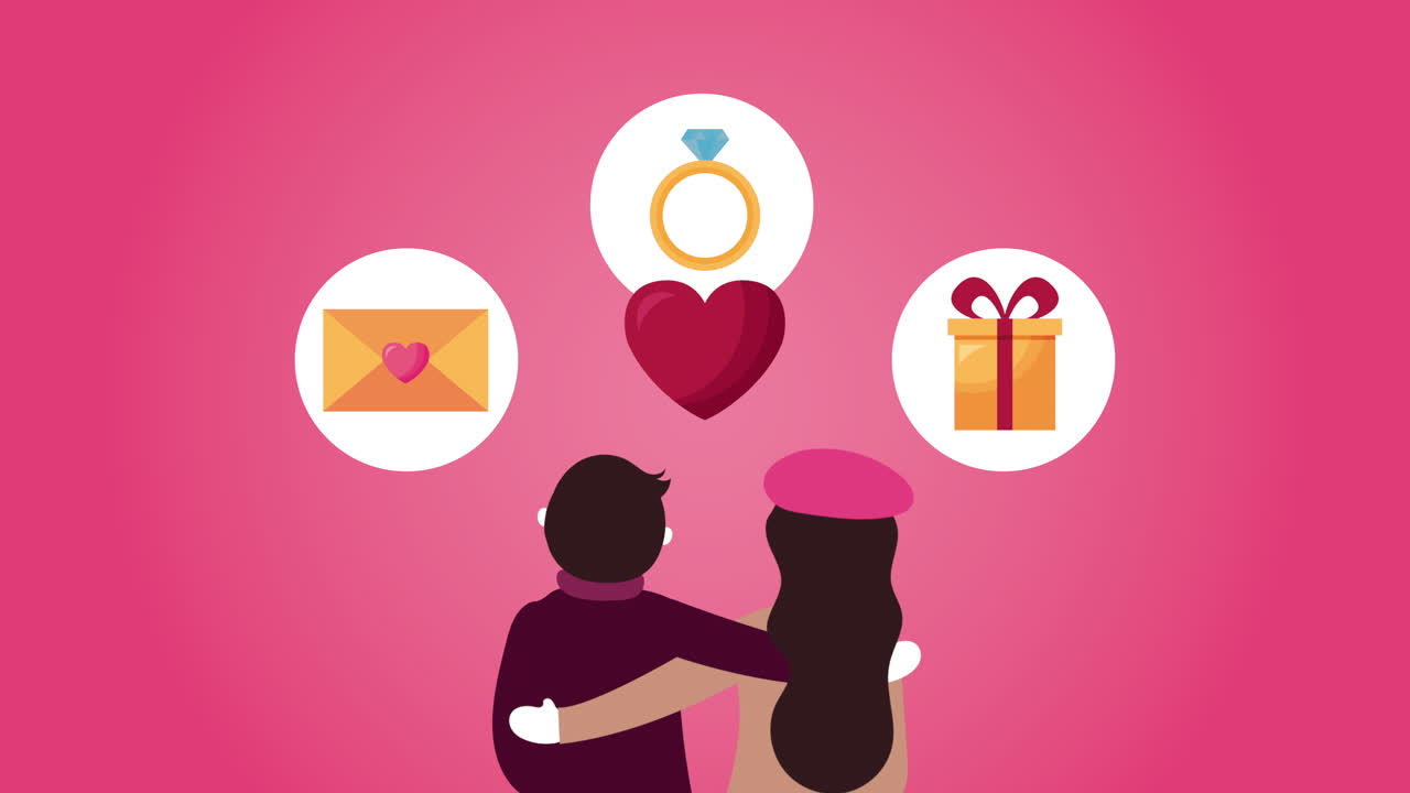 발렌타인 데이 애니메이션 카드와 연인 커플 및 아이콘