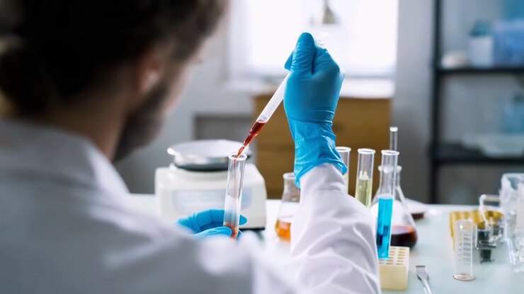 Researcher in Lab Coat Pipetting Red Liquid into Test Tube