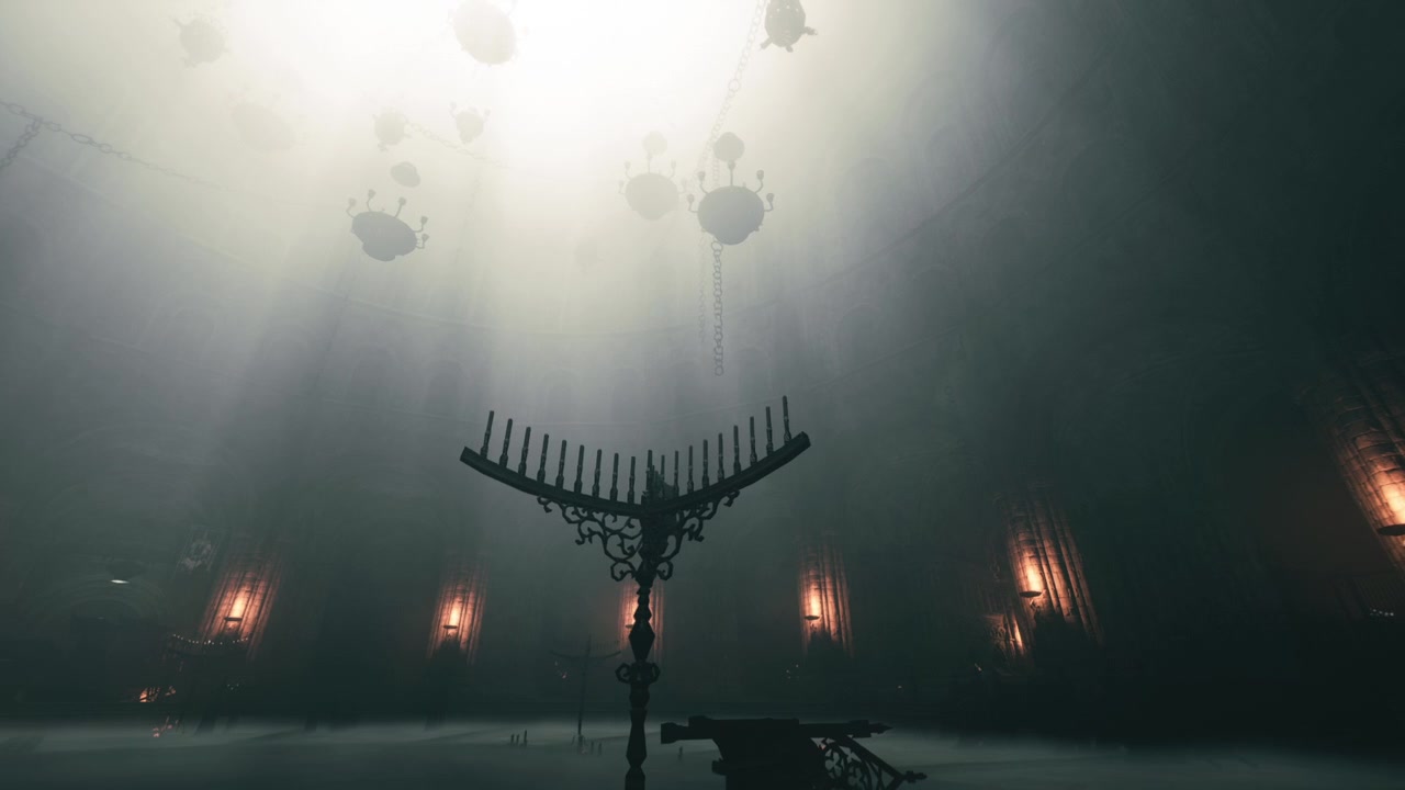Mysterious ancient temple interior with soft lighting and candelabras
