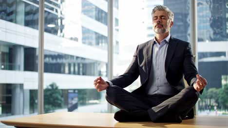 a focused meditative session in a modern office, capturing the essence of calmness and professionalism amidst a fast-paced environment