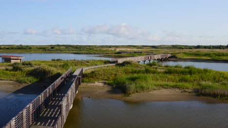 Toma-Aérea-De-Cerca-De-Un-Sendero-Y-Puentes-Peatonales-En-El-Parque-Recreativo-Waterdunes-En-La-Provincia-De-Zelanda,-Países-Bajos