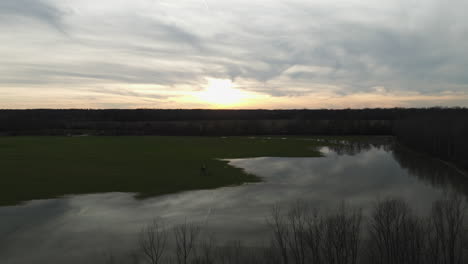 Sunset-over-Loosahatchie-Park-with-reflective-water-and-silhouetted-trees,-Tennessee,-aerial-view