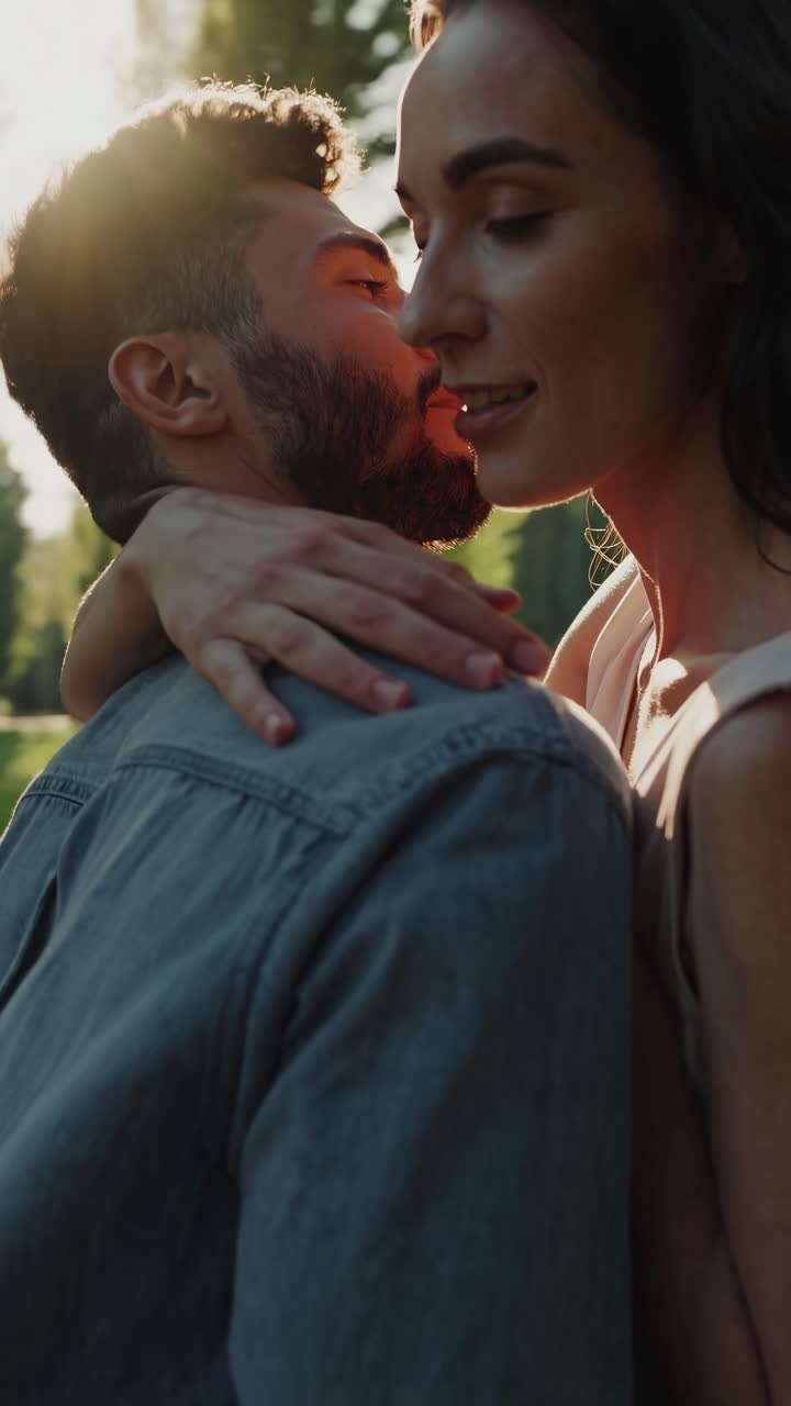 Uma imagem estática de vídeo serena e cinematográfica de um casal de mãos dadas em um caminho arborizado.