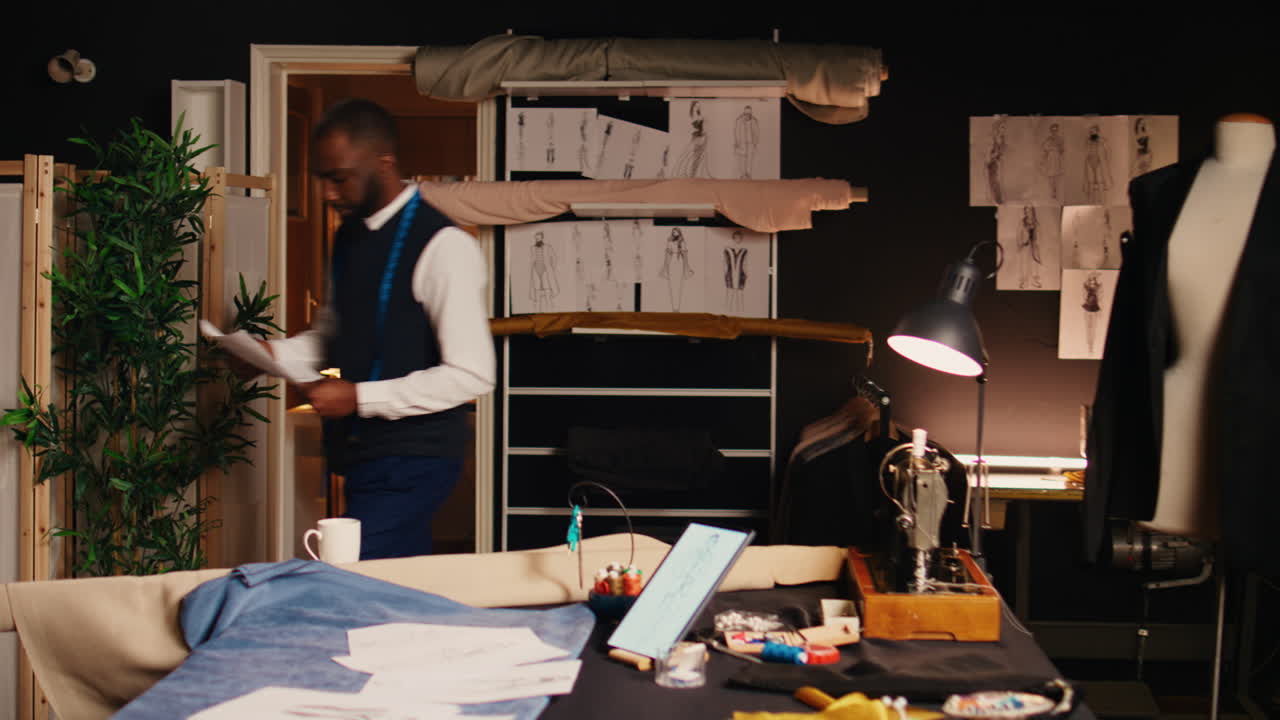 男性の裁縫師がアトリエでスケッチをチェックしている
