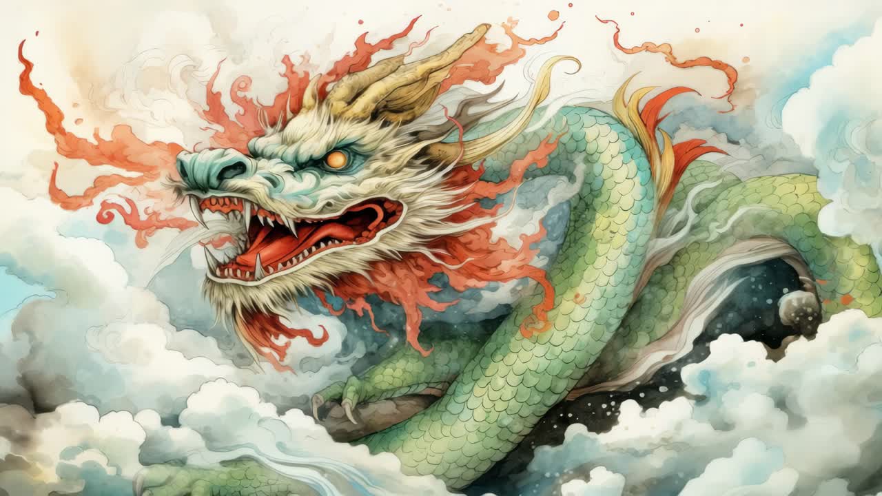 Concept vidéo dynamique d'un dragon mythique s'élevant à travers les nuages, capturé en contre-plongée.