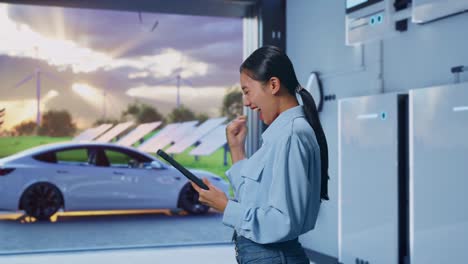 side view of asian female with her tablet with home energy storage system in a modern garage, she raises her fist up with screaming goal after check on the tablet