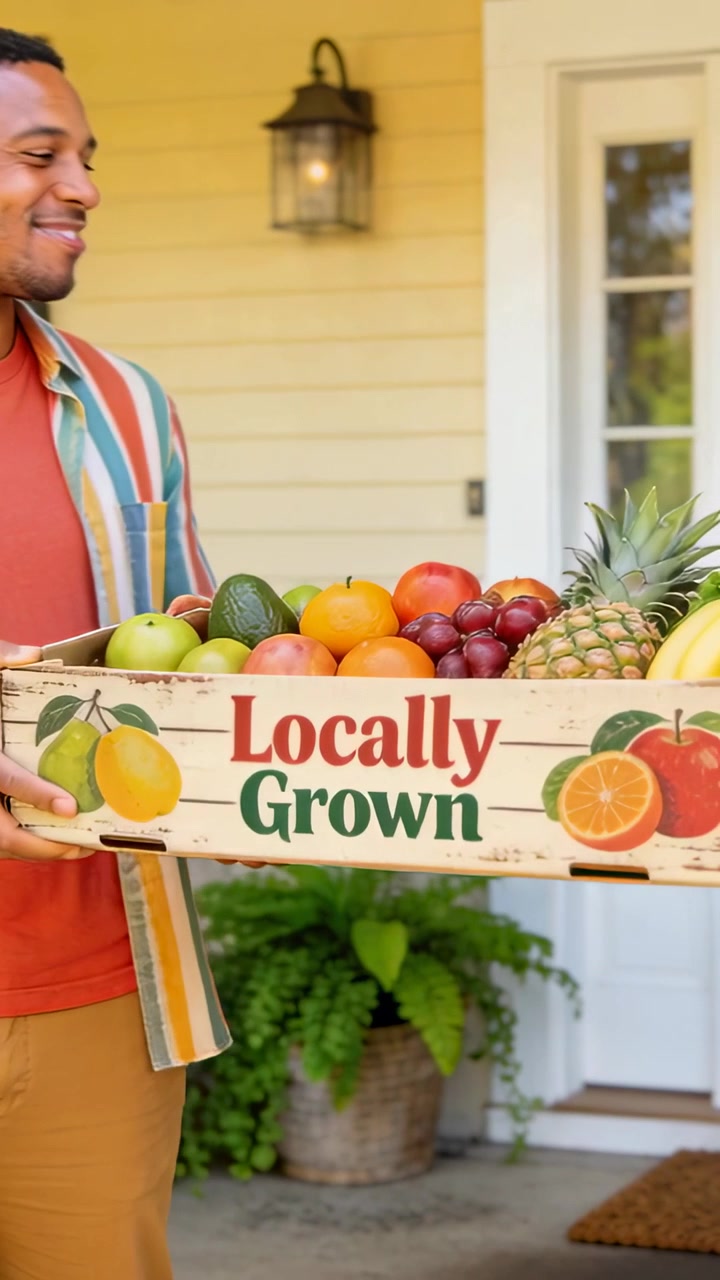 Vídeo vertical: Homem caminhando de camiseta laranja com uma caixa rotulada "Cultivado Localmente" para a varanda, trazendo frutas
