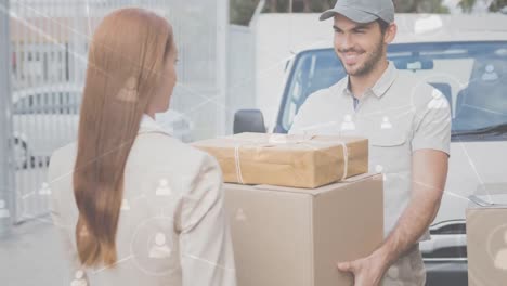 warehouse composition of delivery man combined with animation of connected people