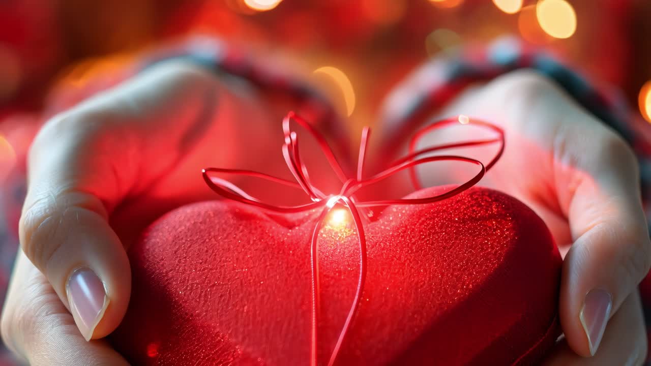 Woman gently holding a beautiful, bright red, glowing heart in her hands, creating a warm and romantic atmosphere, perfect for Valentine's Day or any occasion celebrating love and affection