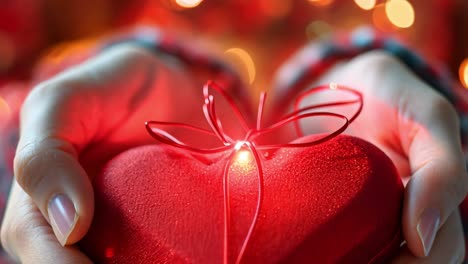 woman gently holding a beautiful, bright red, glowing heart in her hands, creating a warm and romantic atmosphere, perfect for valentine's day or any occasion celebrating love and affection