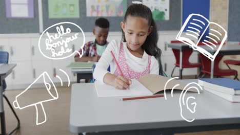 girl writing in notebook at school desk, surrounded by learning animation icons
