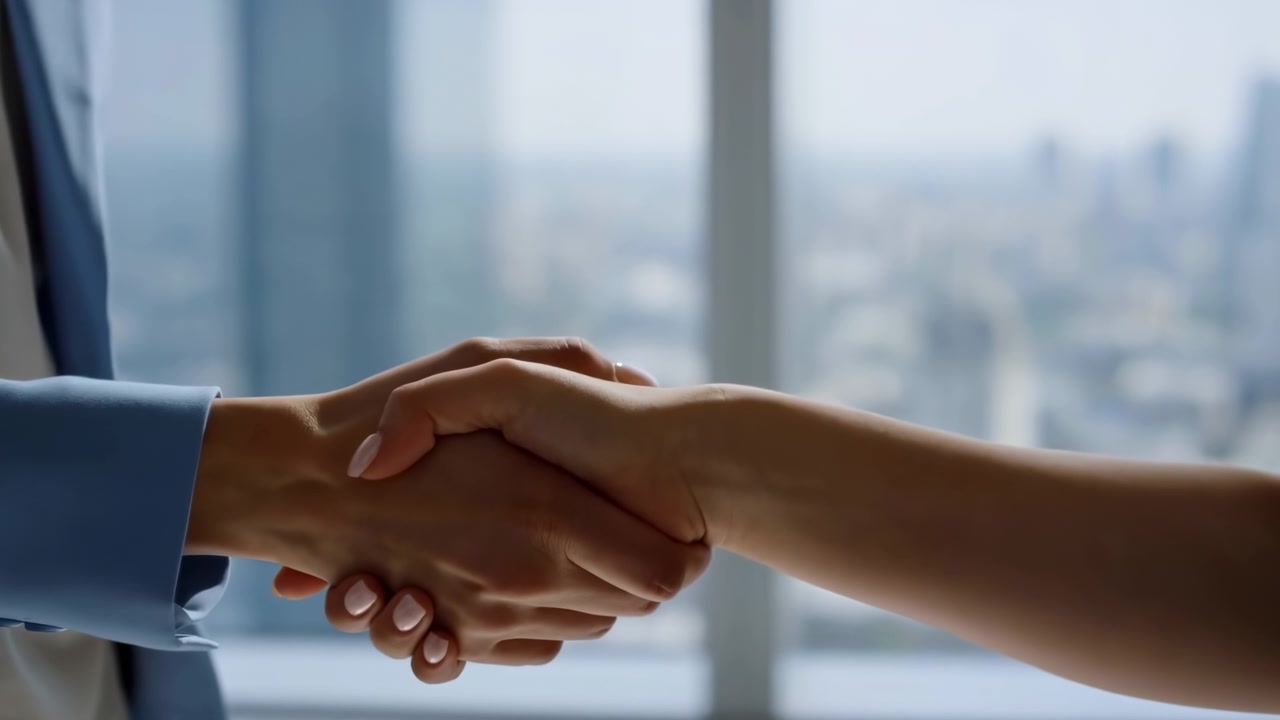Due persone si stringono le mani all'interno di un moderno ufficio, con una manica di un abito blu a sinistra e un avambraccio nudo a destra, sfocatura di movimento morbida, tessuto lucido, riflessi del vetro e vista dello skyline sullo sfondo.