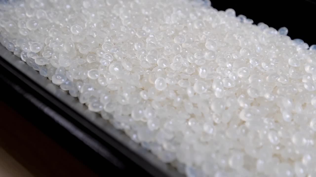 Plastic granule. Raw materials for recycled plastic are used in manufacturing.