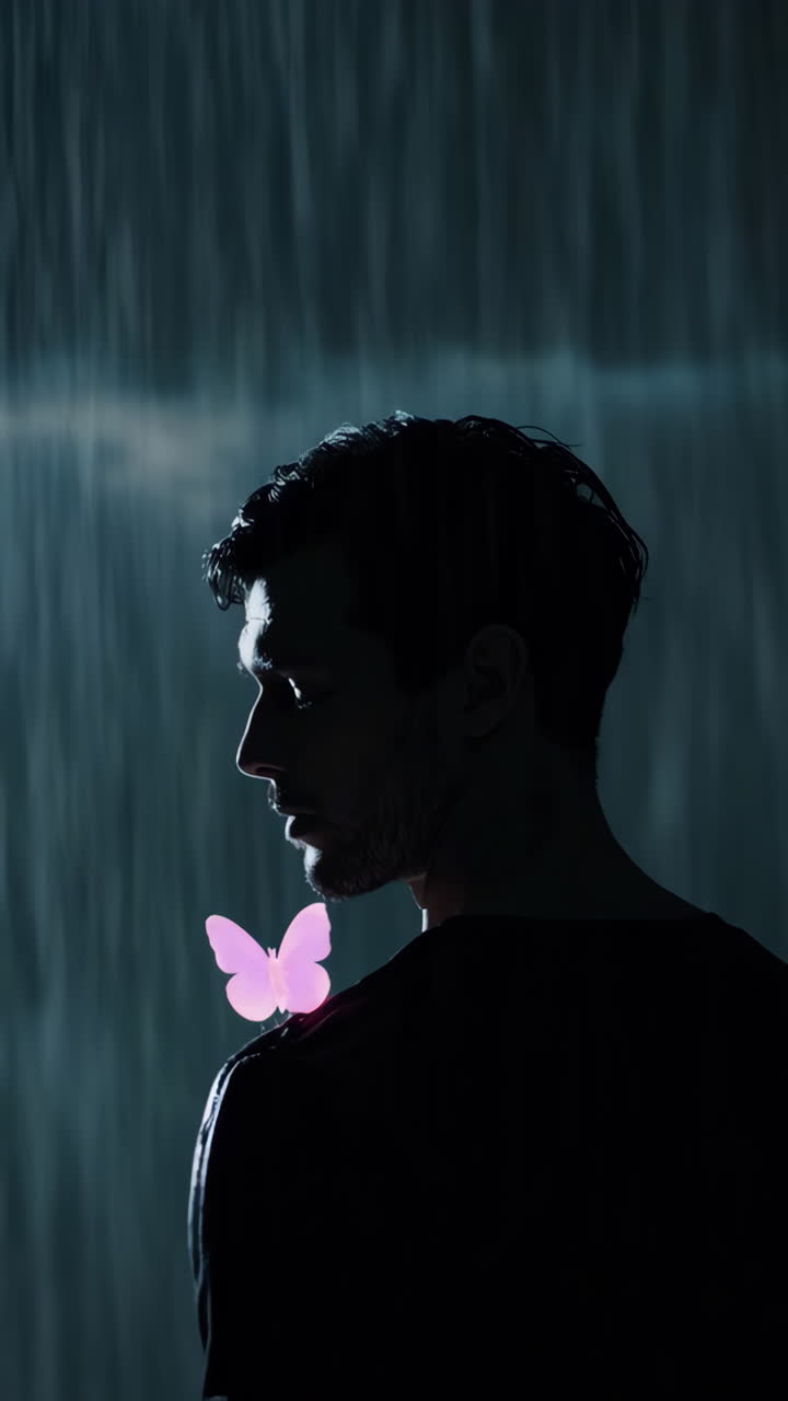 Homme avec une silhouette de papillon rose devant une cascade
