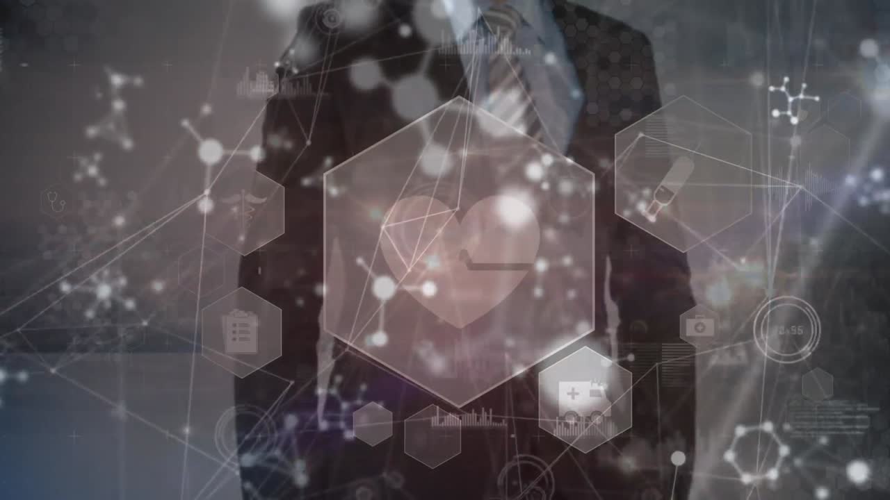 화면을 사용하여 코카시안 사업가에 대한 의료 아이콘과의 연결 네트워크의 애니메이션