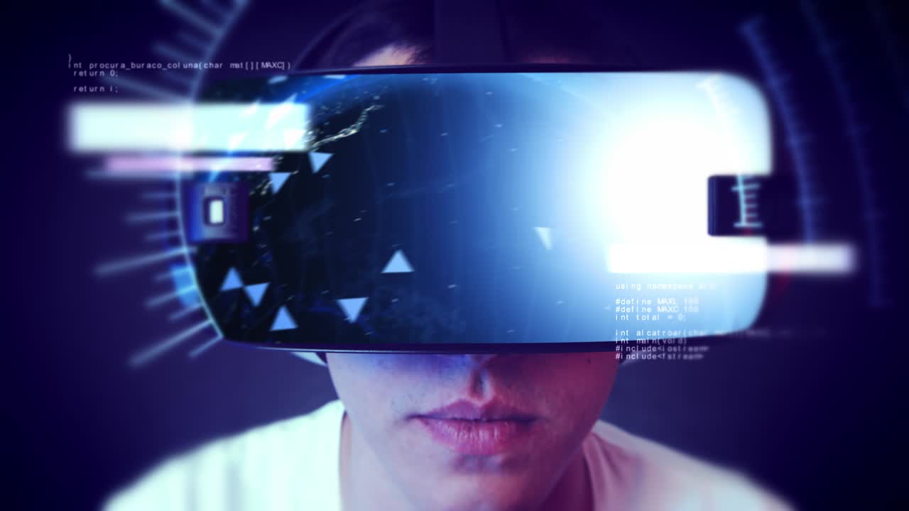 un bel giovane che indossa un auricolare vr e sperimenta la realtà virtuale.