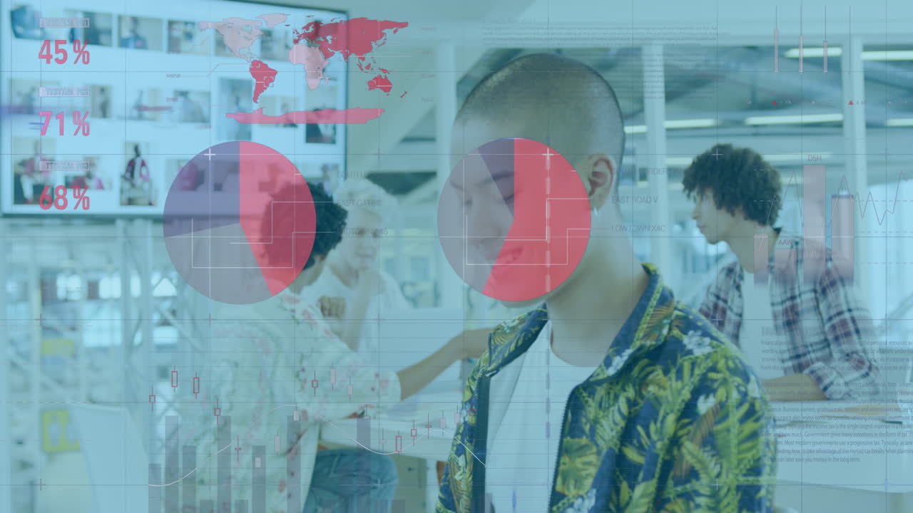 사무실에서 미소 짓는 두 인종의 남자의 초상화에 대한 통계 데이터 처리의 애니메이션